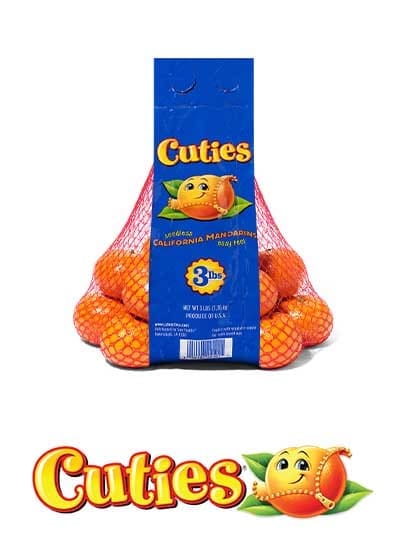 Product photo showing a bag of Mandarin oranges above the Cuties logo