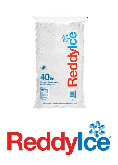 Product image of a bag of ice above the Reddy Ice logo