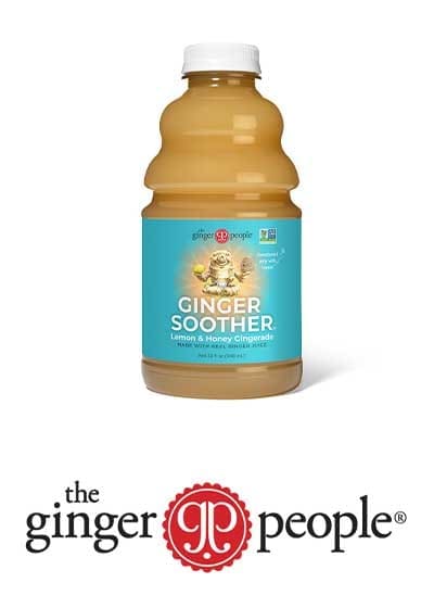 Product shot of a ginger beverage above The Ginger People logo